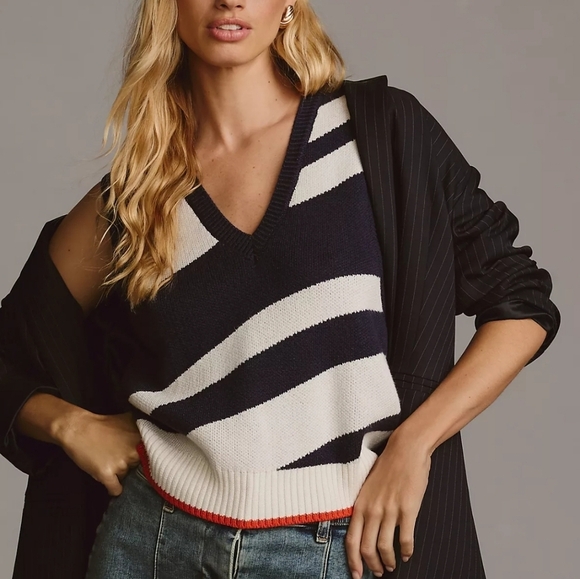 Anthropologie, New, Maeve V-Neck Navy White Nautical...